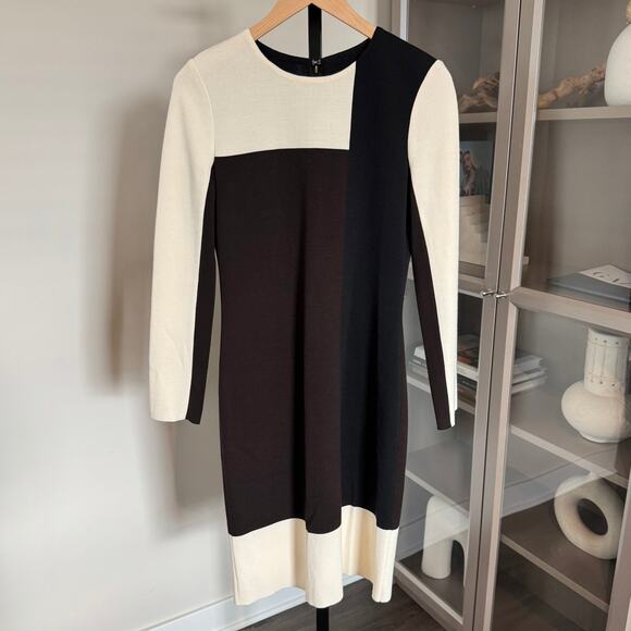 St. John Colorblock Knit Dress Nordstrom Ivory Black Brown Sheath Wool Size 4 - Picture 1 of 6